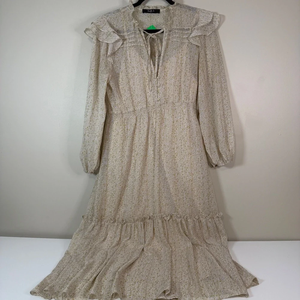 Whimsical Beige Microfloral Metallic Tiered Ruffled Prairie Maxi Dress LG o.p.t. - Picture 9 of 10
